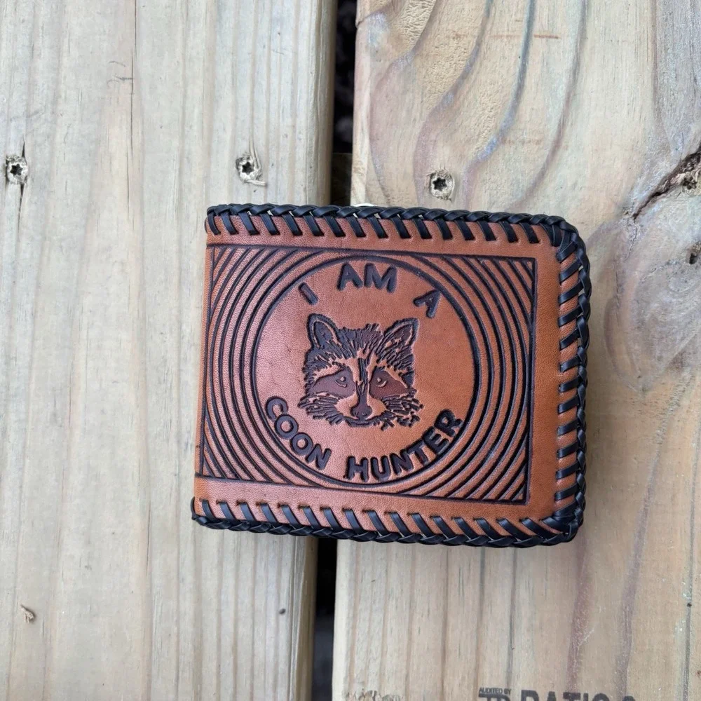 Vintage Handmade Leather Wallet Coon Hunting Bifold Hand Tooled Whipstitch USA